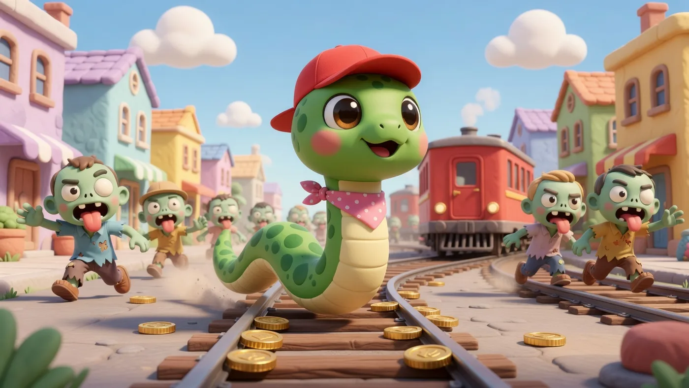 Noodle the snake in a red cap racing along a train track while goofy zombies chase him